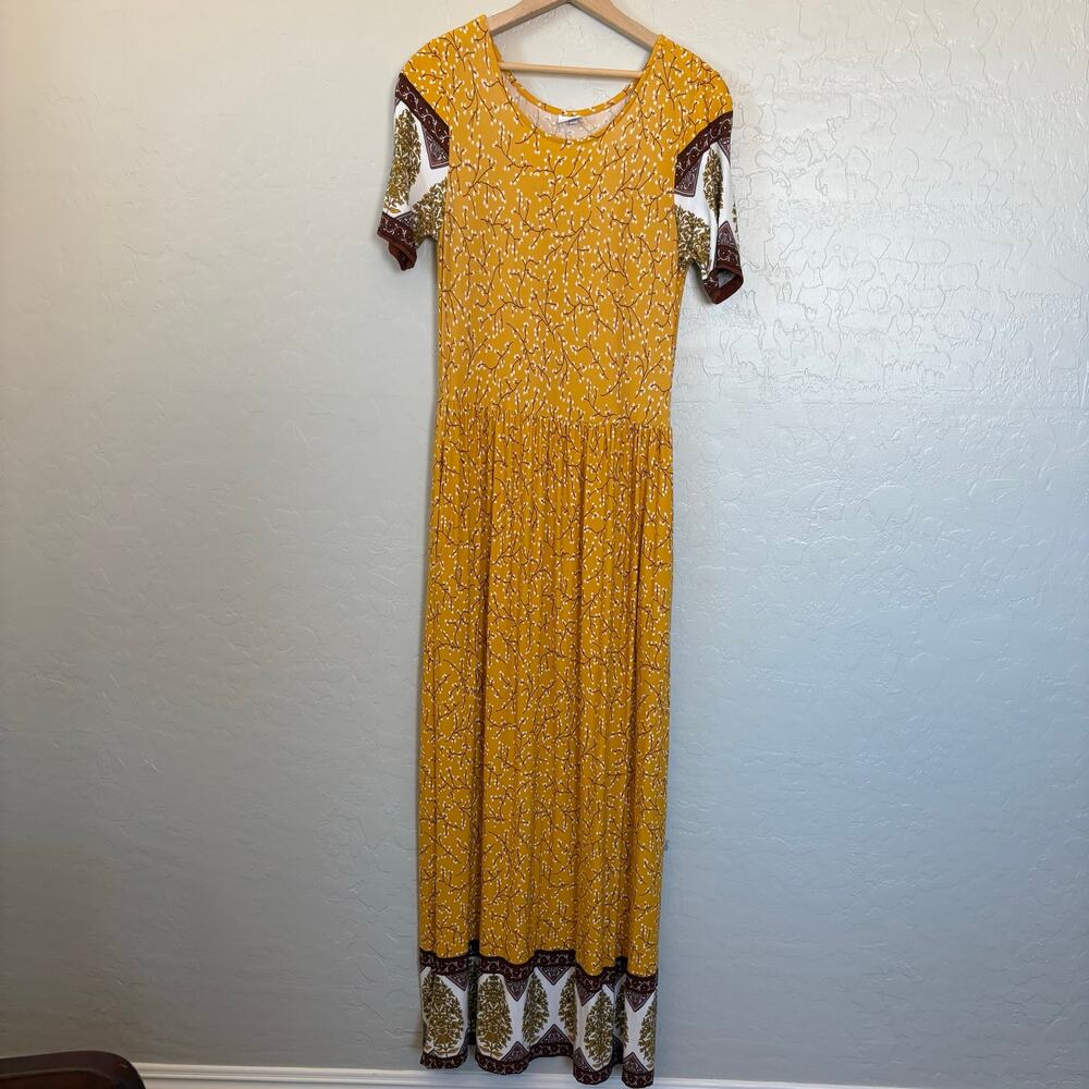 Loscana Mustard Yellow Floral Border Print Maxi Dress Short Sleeve S Cottagecore